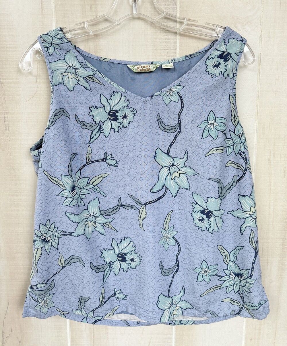 Tommy Bahama Blue Floral Silk Tank Top Womens Large V Neck Coastal Resort Summer